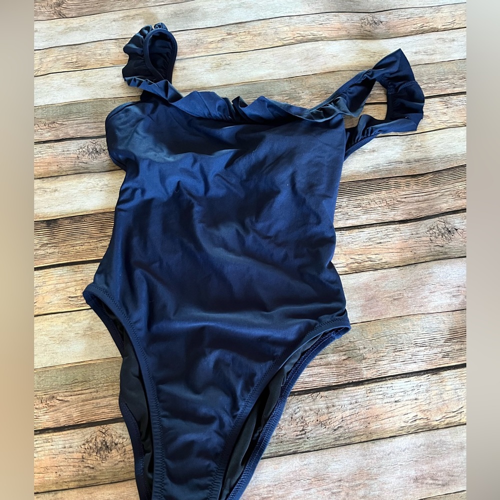 J. Crew Ruffled Scoopback One Piece Swimsuit H2789 Navy Blue Size 8